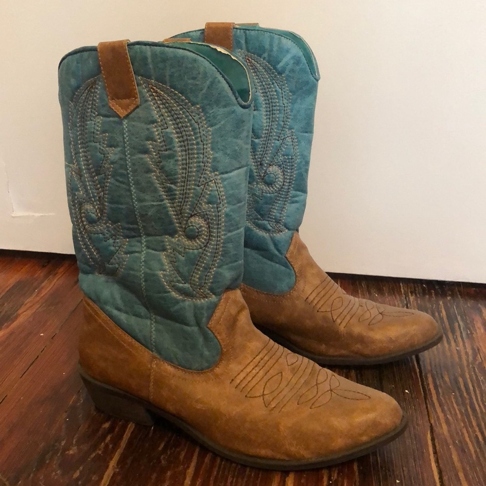 Cowboy boots (teal and tan/brown)